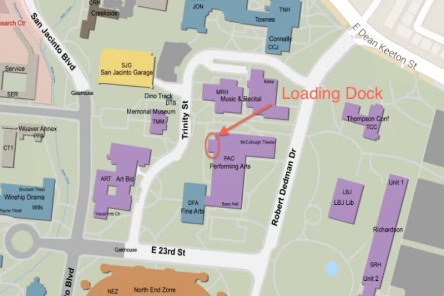 Campus map highlighting the Bass Concert Hall loading dock graduate entry point near Trinity Street and Robert Dedman Drive.