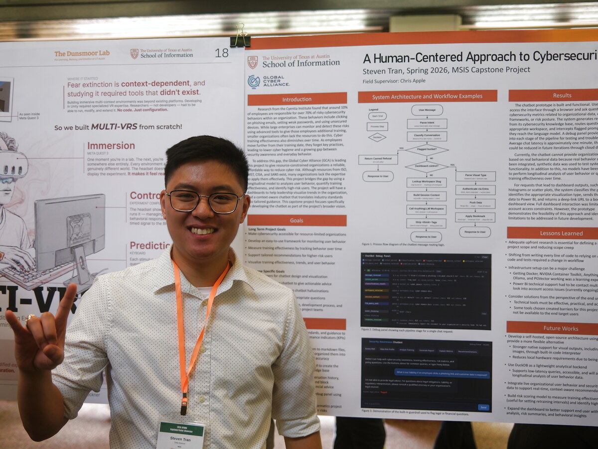 Steven Tran presents his capstone project at the Spring 2026 UT iSchool Capstone Poster Showcase.